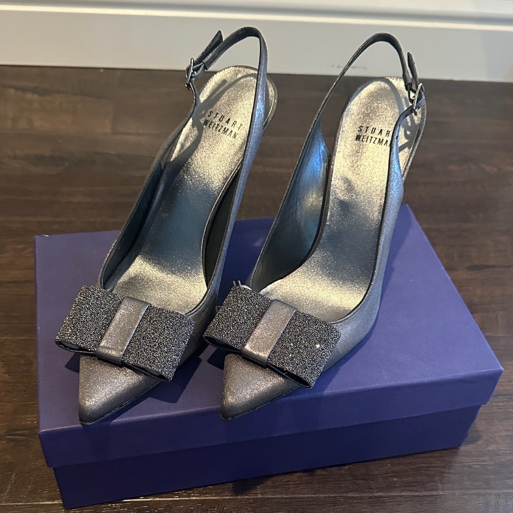 Stuart Weitzman Silver Bow Slingback Heels